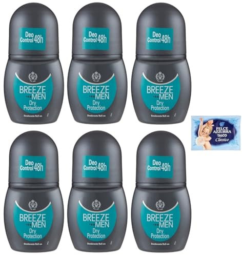 6x BREEZE MEN Dry Protection Deodorante Roll On 50ml + 1 Confezione di Talco Felce Azzurra in omaggio, Busta da 100g