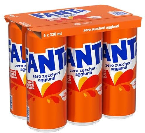Fanta Zero Zuccheri - 6 Lattine da 330ml, Gusto Arancia, con Succo di Arance Italiane, Senza Zuccheri Aggiunti e Conservanti, Lattina 100% riciclabile, Gusto Rinfrescante