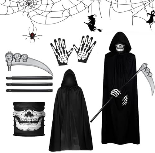 FYZSJWL 4 pièces Costume de Faucheuse d'Halloween,Déguisement Faucheuse,avec masque de crâne, faux, gants de squelette, cape,Costume d'halloween de Faucheuse,pour Cosplay Halloween Carnaval
