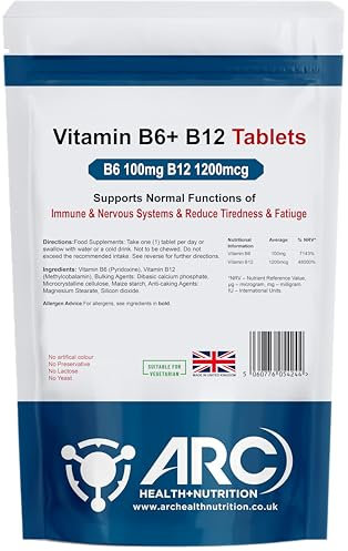 Vitamin B6 100mg and B12 1200mcg 365 Tablets - High Strength - Suitable for Vegans & Vegetarians - Made in UK