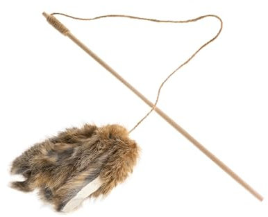 Katzenspielzeug - Katzenangel mit Fransen aus Hasenfell und Holzstab – Ideal für interaktive Spieleinheiten & körperliche sowie geistige Stimulation