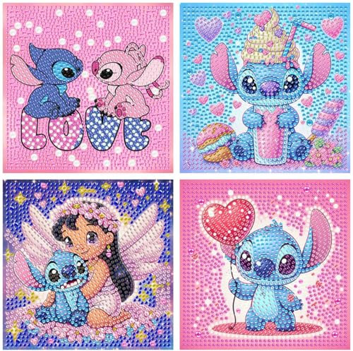4 Pack 5D diamond painting stitch pour Enfants,Kit DIY Complet,Broderie Diamant Dessin Animé,Art Créatif pour Décoration Murale,Parfait pour Enfants et Adultes peinture au diamant artistique,18x18cm