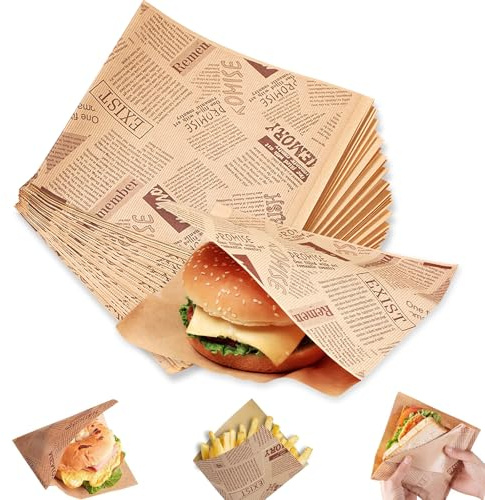 100 Stück Burger Papier, 18 x 18CM Burger Tüten Pommestüten Hot Dog Tüten Lebensmittelverpackung Papiers Einweg Fettbeständig Wrap Papier für Hamburger Pommes Sandwiches