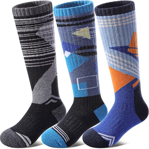 DOSKONI Kids Merino Wool Ski Socks Boys Girls Thermal Winter Warm Thick Cozy Socks for Skiing Snowboarding 3 Pairs Splicing Blue Black Grey,8-12 Year Old