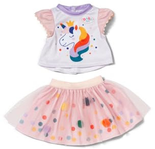 BABY born Tutu Kleid mit Einhorn Print - Set aus Kurzarm-Shirt & Tüllrock mit bunten Punkten - Hochwertiges Puppenzubehör - Kleidung geeignet für Puppen der Größe 43 cm