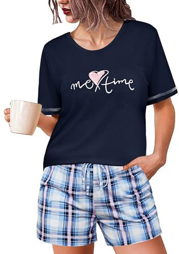 Leversic Pyjama Coton Femme Court Ete Ensemble de Pyjama Vêtement de Nuit à Manches Courtes Short à Carreaux, Marina S