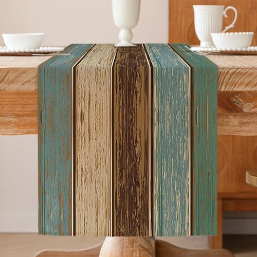 Tischläufer Türkis 33 x 183 cm Planken Antik Alt Rustikal Holz Modern Frühling Tischläufer deckchen Saisonnal Küche Tisch Dekoration Abwaschbar Drinnen Urlaub Party Table Dekor