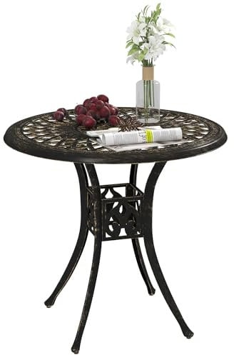Outsunny 78 cm Round Garden Dining Table with Parasol Hole Antique Cast Aluminium Outdoor Table Only, Bronze Tone