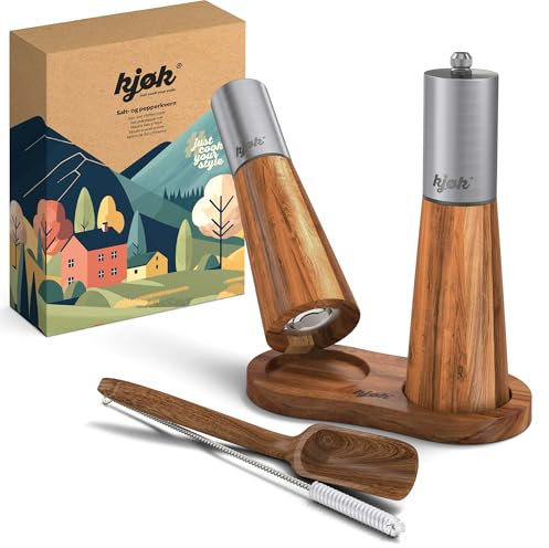 kjøk Premium Macina sale e pepe in acciaio inox e legno massiccio di acacia con sottopiatto, spazzola per la pulizia e cucchiaino dosatore - set di macinini con meccanismo in ceramica