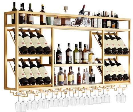 RAJYQODIS Portabottiglie da parete con portabicchieri, espositore per vino a 3 livelli, mensole sospese in metallo rustico per liquori, per bar di casa, portabottiglie da cucina (oro, 160cm)