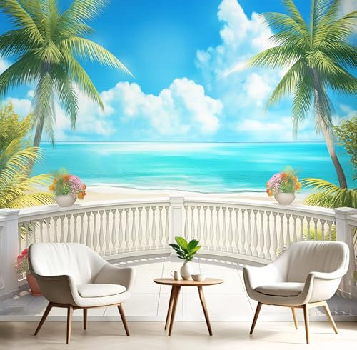 DLERFLOVR Papier Peint Ciel Bleu, Ciel, Nuages Blancs Papier Peint Panoramique Soie Vue Sur La Plage Revêtement Murale pour Chambre Salon Décorative 250x175cm
