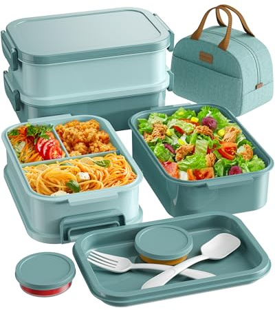 KEMETHY Adults Bento Lunch Box Set with Thermo Bag, 74oz Stackable Leak-proof 3-tiers Bento Box, Built-in Utensil and Sauce Container for Work, School, Dining Out (Green)