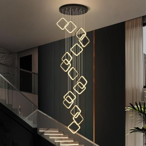 MyLjp Modern LED Pendelleuchte Lange Treppenhaus Kronleuchte, Schwarzer LED Hängeleuchte Höhenverstellbar Chic Rings Kronleuchter Dimmbar Für Villa Treppe Esszimmer Wohnzimmer Hohe Decken(15 heads)