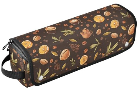 Cartoon Kaffee 2 in 1 Lockenstab Reisekoffer mit Eisenmatte Wasserdicht Tragbare Offene Flache Reisetasche für Glätteisen, Glätteisen, Lockenstäbe Trave Case für Frauen