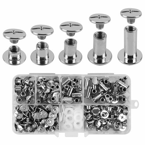 Funnytek 280PCS Chicago Schraubnieten, Buchschrauben M5 * 4/6/8/10/12mm | Schraubnieten für Leder, Kohlenstoffstahl, Chicago Binding Schrauben, für Leder,Taschen,Bücher,Halsbänder