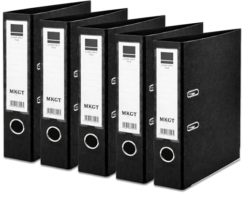MKGT A4 Lever Arch File 75mm Spine – Heavy Duty Metal Lever Arch Mechanism, Strong Ring Binder Folder with Thumb Hole & Spine Label for Office, School & Home Filing (Black, Pack of 5)