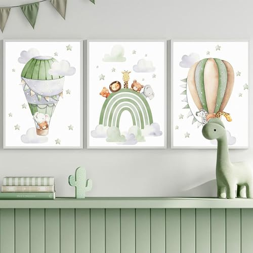 3 Bilder Kinderzimmer Luftballon 30X40CM Bilderwand Kinder Poster Babyzimmer Tiere Regenbogen Wolke Leinwand Babyzimmer Junge Bilder Kinderzimmer Grün Boho ohne Rahmen