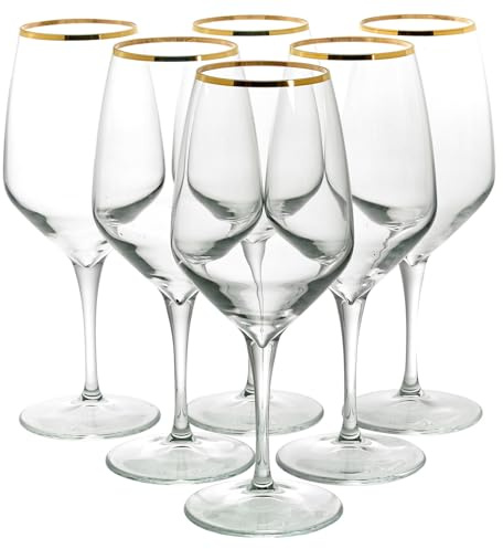 Queensway Home & Dining Gold Rim Wine Glasses & Champagne Flutes Set - Luxury Long-Stem Glassware for Red, White & Sparkling Wine - Elegant Goblet Collection for Weddings, Parties & Home Entertaining