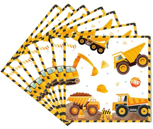 Ovanda 24 Stück Bagger Servietten (33 x 33 cm), Baustelle Servietten,Fahrzeuge Papierservietten,Traktor Papierservietten,BAU Motto Party,Kinder Geburtstag Tischdeko,Baufahrzeug Bulldozer Partygeschirr