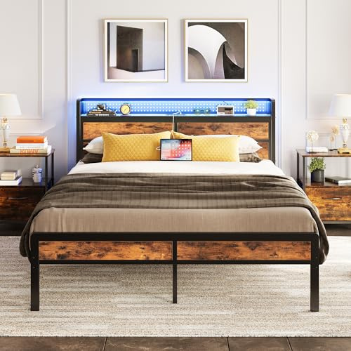 IRONCK King Size Bed Frame with Storage Headboard & LED Lights, Platform Bed Frame King Size with Charging Station, Metal Bed Frame, UnderBed Storage/Mattress Foundation, Vintage Brown