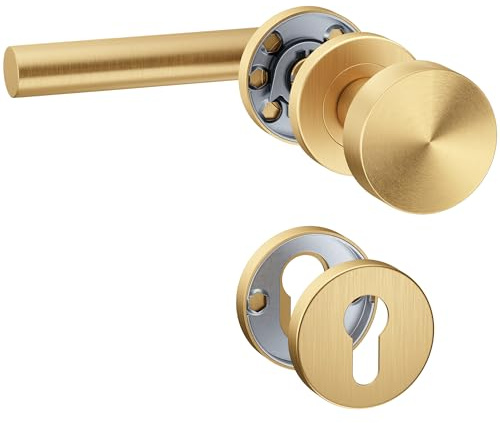 ERGO line NINA Rechts, Gold Türbeschlag, PVD-Gold Matt, Drückergarnitur mit Festem Türknopf, PZ-Zylinder, Rosettengarnitur mit Türknopf, Wechselgarnitur Türknauf und Türdrücker, Edelstahl