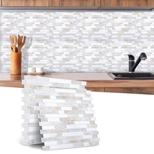 ISOISL Klebefliesen Selbstklebend, Wasserdicht & Hitzebeständig - Fliesenaufkleber für Küche und Bad - Einfach zu Reinigen (10er Set, Streifen-Mosaik-Design, Braunweiß)
