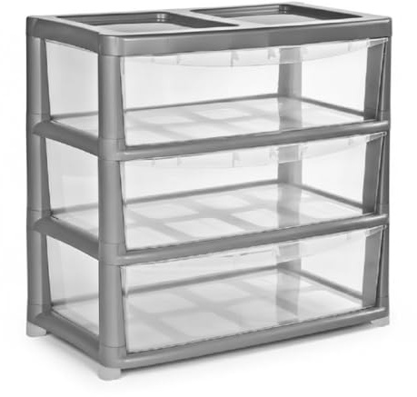 Khanary Jumbo Chest Drawer Plastic Storage Unit – Multi-Purpose Modular Drawer Tower Home,Office,Bedroom, Nursery & School - Dorm Room Storage Solution (Silver/Clear, 3 Drawers Jumbo)
