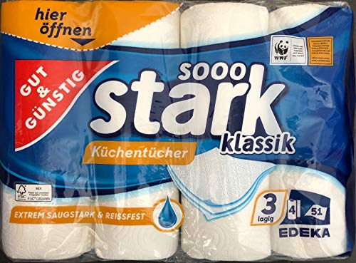 Edeka Gut & Günstig – Lot de 4 rouleaux de papier essuie-tout – Triple épaisseur – 51 feuilles