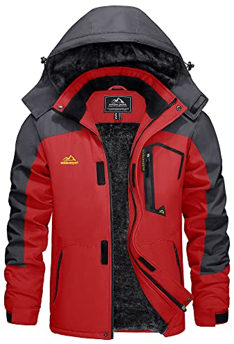 KEFITEVD Skijacke Herren Wasserdicht Atmungsaktiv Snowboardjacke Winter Warm Ski Jacke Herrenjacke Gefüttert Winterparka Snowboard Fleece Jacke mit Kapuze Rot L