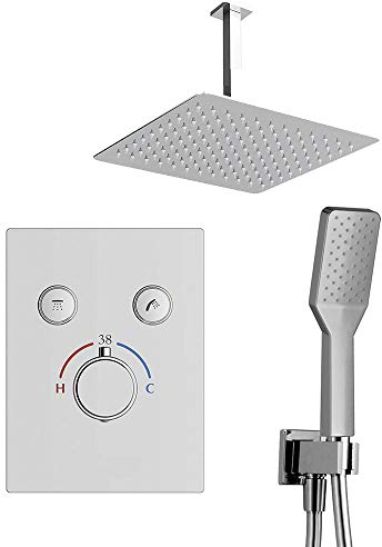 Kibath L464451 Grifo termostático empotrar 2 VIAS PUL Salida Techo. Incluye Soporte con Toma Agua, Flexo Acero INOX, Brazo rociador extraplano. Ducha empotrable con Acabado Redondeada, Cromo Brillo