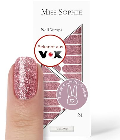 Original Miss Sophie Nagelfolien Make a Wish I 24 ultra-dünne Nagellack-Streifen mit rosa-rotem Glitzer Muster