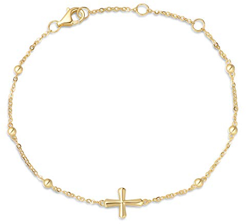 Solide 14 Karat 585 Gelb Gold Armband mit Kreuz Anhänger Charm Bracelet Minimalistisch Geschenk Schmuck für Damen Mädchen - Verstellbar Armkette: 15 + 3 cm