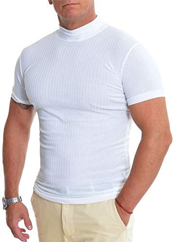 D&R Fashion Men's Ivory White Slim Fit Stretchy Lightweight Short Sleeve T-Shirt Ribbed Pattern Turtleneck Mock Tee Shirt Top Under Blazer UK Size XL