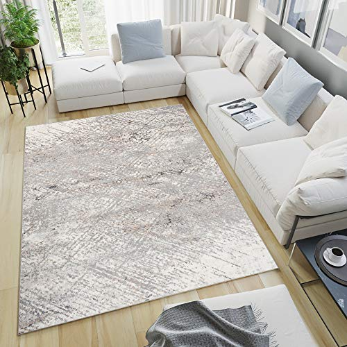 TAPISO Valley Teppich Kurzflor Weiß Grau Vintage Used Effekt Meliert Verwischt Abstrakt Modern Wohnzimmer Schlafzimmer ÖKO-TEX 120 x 170 cm