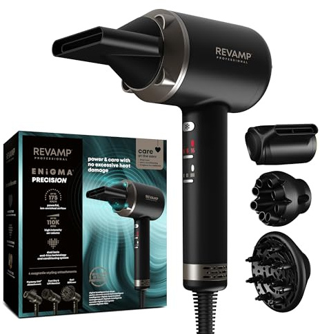 REVAMP Enigma Precision Ionen Föhn - digitaler intelligenter Motor für schnelles Trocknen - Leichter Föhn, geräuscharm, Kaltstufe - 4 magnetische Aufsätze für professionelles Styling