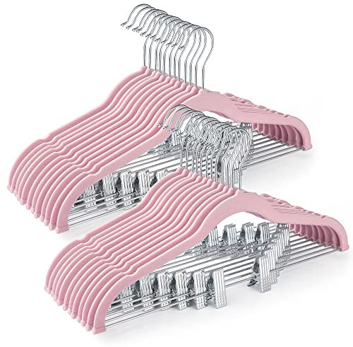HOUSE DAY Samt-Kleiderbügel, 24 Stück, Rosa, mit verstellbaren Clips, Platzsparend, Robust, Rutschfest, Ideal für Hosen, Röcke, Anzüge, Hemden, Schals, Mäntel