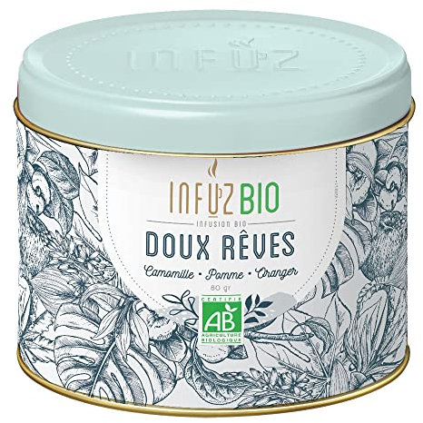 Infuz BIO – DOUX REVES – Infusion en vrac bio pour retrouver un sommeil apaisé – Camomille, Oranger & Pomme – Fabriqué en France – 80g