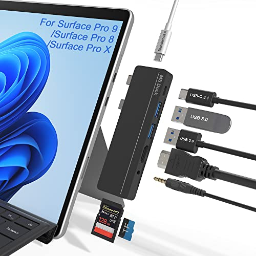 Surface Pro 8/9/10/11/X Docking Station, Surface Pro 8/9/10/11/X Hub mit 4K HDMI, 100W USB C Thunerbolt 4, USB C 3.0 (Daten), Audio, 2* USB A 3.0, TF/SD, Triple Display für Surface Pro 8/9/10/11/X