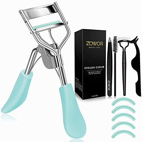 Zowor Wimpernzange mit Kamm und Bürste, passend für alle Augenformen, gebogene Wimpernzange mit 5 Silikon-Nachfüllpads, natürliche und langlebige Wimpernzange für Frauen, Make-up-Geschenk (blau)