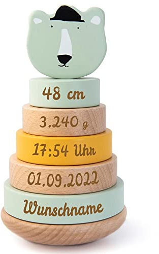 Personalisierter Stapelturm aus Holz von Trixie mit Namen und Geburtsdaten graviert Geburtsgeschenk POLARBÄR