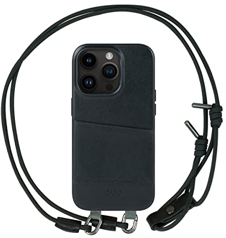 alto Crossbody Lederhülle für iPhone 14 Pro, Anello Serie Drop Schutzhülle aus italienischem Leder mit abnehmbarem Umhängeband. (6,1 Zoll, iPhone 14 Pro, schwarz)
