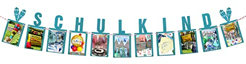 Oblique Unique Schulkind Girlande für Jungen und Mädchen mit Platz für eigene Fotos Banner für Schuleinführung Einschulung Schulanfang Schulstart Hänge Deko Dekoration (Schulkind Türkis)