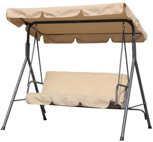 BAKAJI Balancín de jardín de 3 plazas y revestimiento beige de tela Oxford, columpio con techo parasol ajustable y estructura de acero inoxidable gris, 170 x 110 x 153 cm