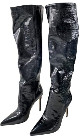 Frankie Hsu Fashion Designer Donne Sexy Grande Formato Nero Faux Fur Foderato Coccodrillo In Vernice Stiletto Ginocchio Tacco Alto Vitello Stivali Lunghi US4-14, nero, 41 EU