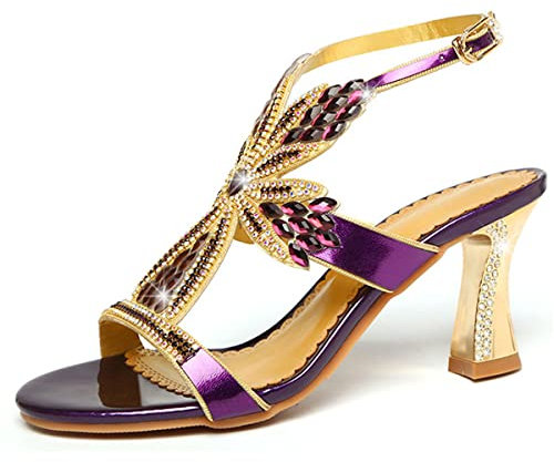 EU34 - Sandali da donna con tacco alto, in cristallo, eleganti, con tacco a blocco, da sera, con tacco alto, per il tempo libero, colore: Viola