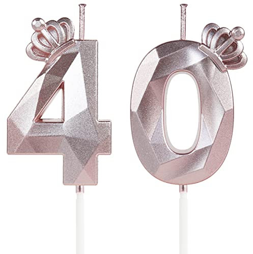 Yiran 3D Birthday Number Candle,Rose Gold 40th Birthday Candles with Crown,Happy Birthday Candle,40th Birthday Candle for Cake,Cake Candles Cake Topper Decorations for Women Birthday Party Supplies