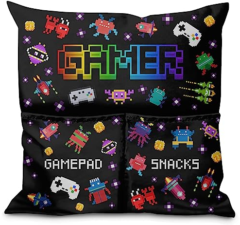 Kissen mit Taschen Geschenk Lustige Witzige Kissenbezüge Weiche Dekokissen mit Füllung Aufbewahrungstasche zum Filmabend Geburtstag Valentinstag auf die Couch Sofa Bett Motiv Gamer [091]