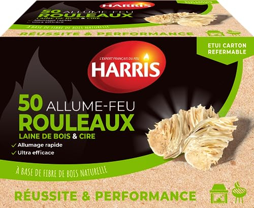 HARRIS - 50 rotoli di accensione fuoco - 100% naturale - Lana di legno e cera - Accensione rapida - Ultra efficace - Custodia in cartone richiudibile - Legno FSC - Produzione francese - x50