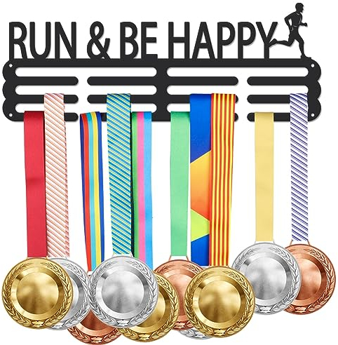 SUPERDANT Run&Be Happy Medaillenhalter Zum Aufhängen von Lauftrophäen Zum Aufhängen von Laufsportbegeisterten Metall Wandhalterung Ohne Haken Zum Aufhängen von 60 Medaille Schwarz