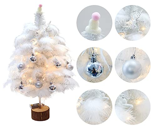 Kleiner Tisch-Weihnachtsbaum mit Hängenden Ornamenten, Künstliche Mini-Weihnachtskiefer, Weiße Federn, Bäume mit Holzsockel für Tisch, Schreibtisch, Zuhause, Weihnachten,(60cm mit Licht)